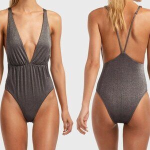 Vitamin A Stella Swimsuit Size 8/M Metallic Graphite Grey Deep Plunge Cheeky USA